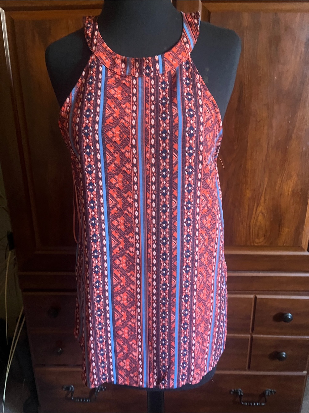 Paper Crane Red and Navy Patterned Halter Tank Top